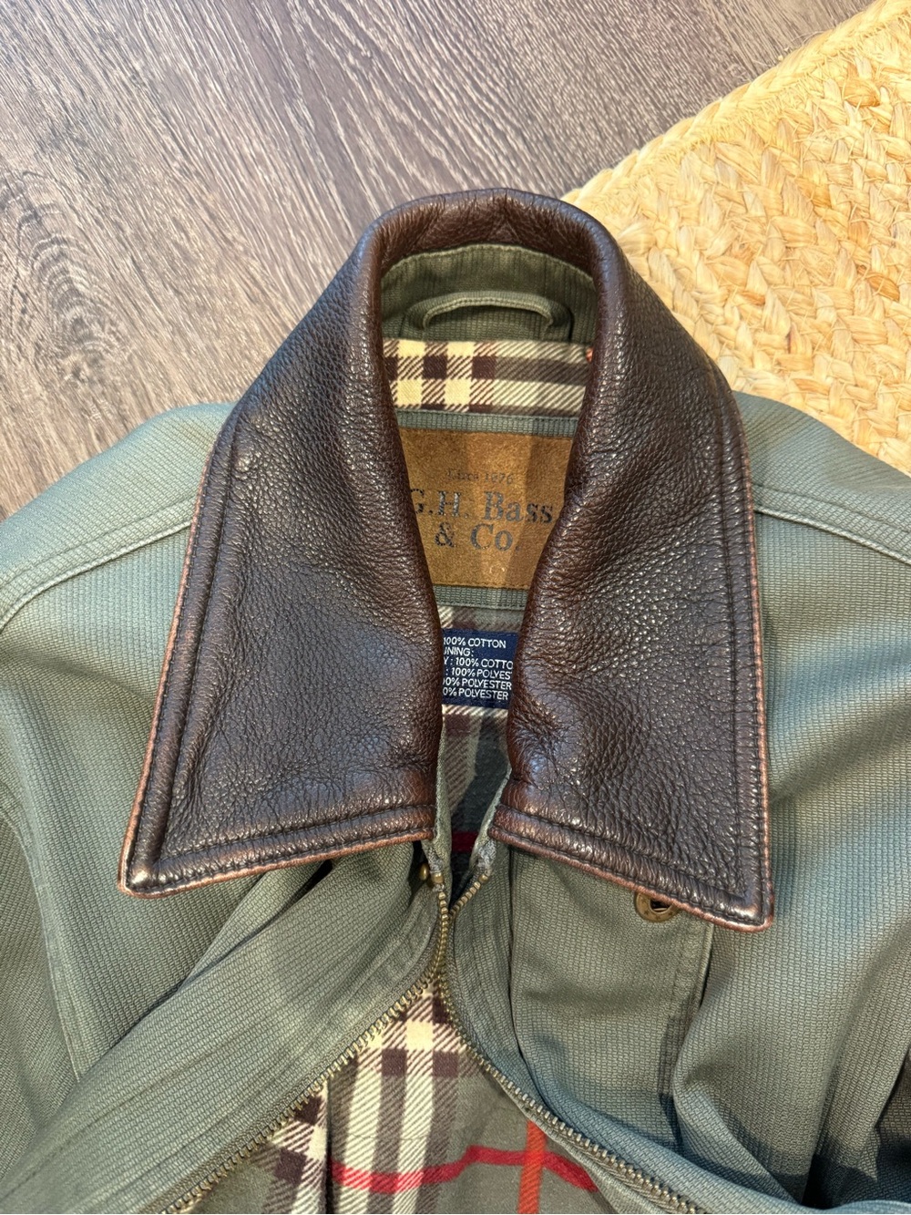 Vintage G.H. Bass & Co. Olive Barn Jacket with Brown Leather Collar - Picture 3 of 7